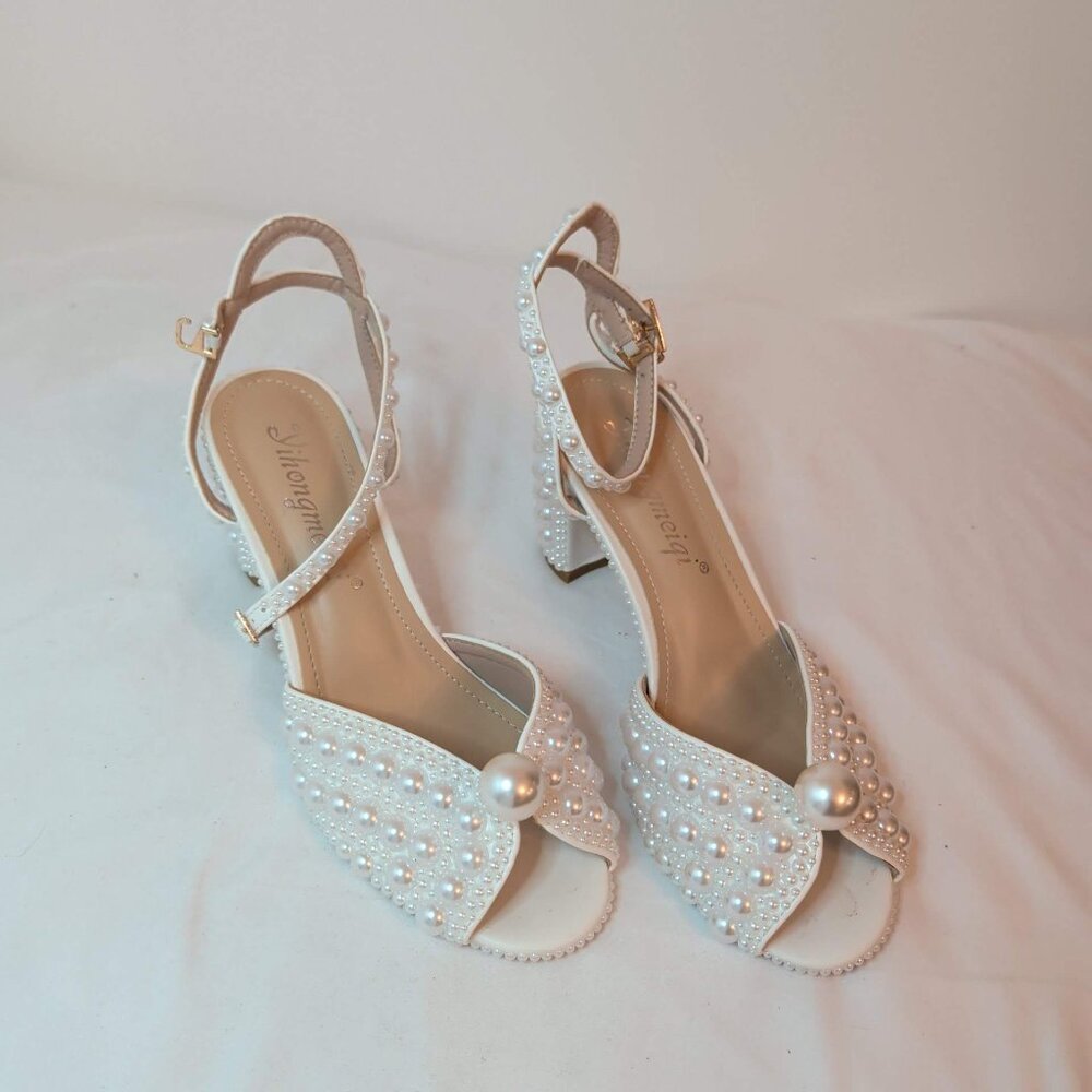 Sacaria Pearl Embellished Strappy Wedding Block Heels - Picture 2 of 11